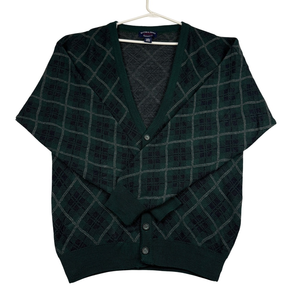 Vtg Sutter & Grant‎ Cardigan Sweater Mens Large Tall Green Argyle Pattern